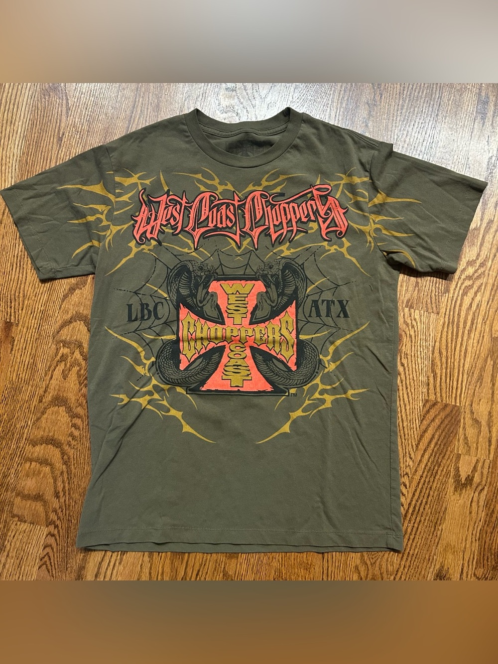 West Coast Choppers Shirt Mens Small Green Cross Flames Snake Biker Graphic Tee